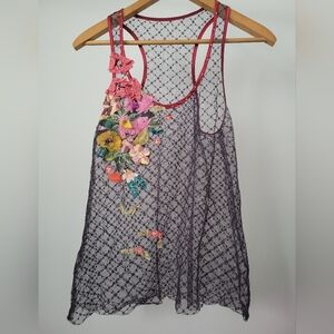 Nolita Floral Appliqué Mesh Tank Top Boho Italian Designer Small